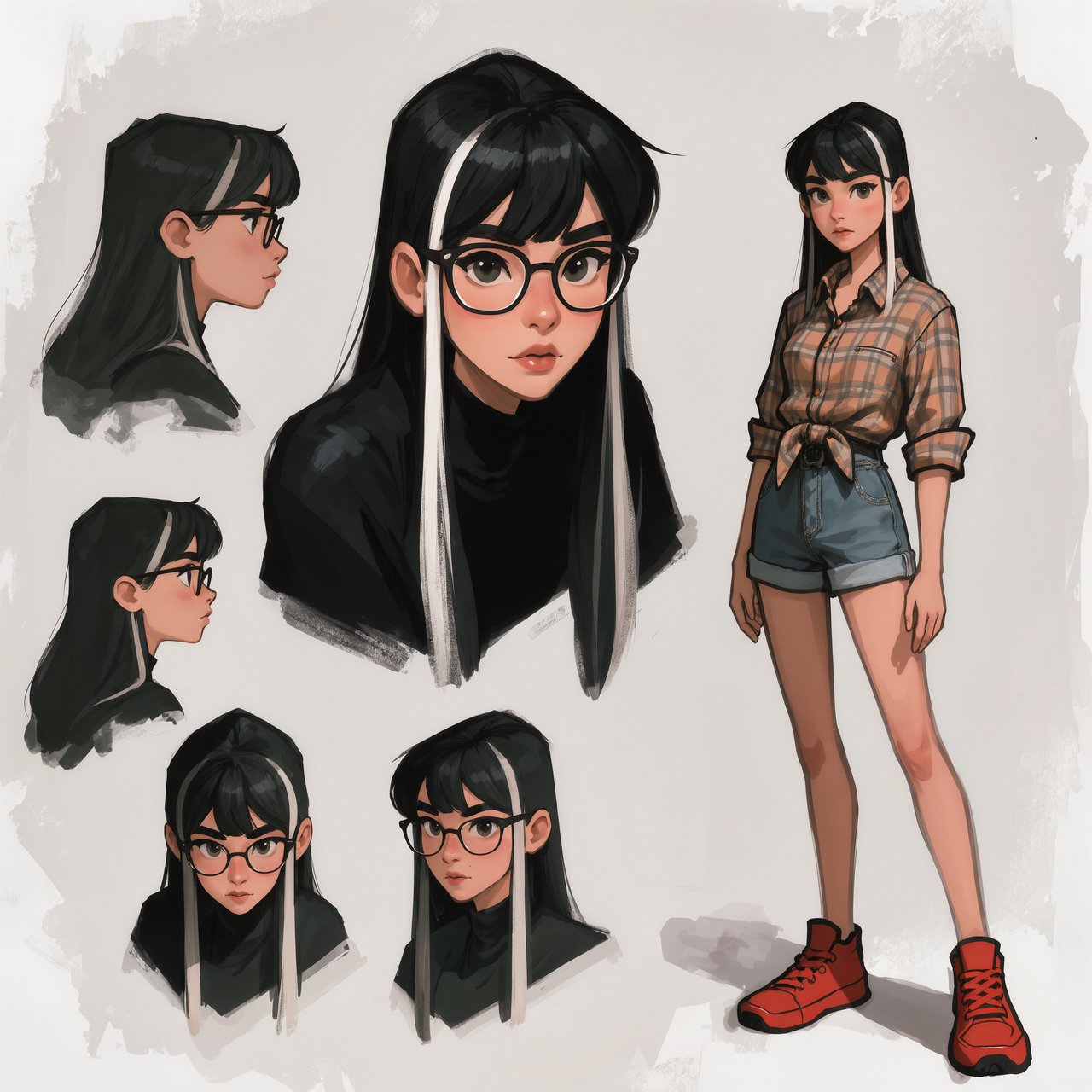 Character exploration sheet of the same woman: several bust and waist-up studies with varied expressions and 3/4 views, including one from behind, glancing over her shoulder at the viewer; one larger central portrait; and one full-length figure at the side, spanning the image height. Plain light-gray background with irregular painted edges. Character: 25-year-old Korean woman with long straight black hair and two platinum face-framing streaks from roots to ends, glasses, tipped almond eyes, Asian skin tone, plaid button-up tied at the waist, cuffed denim shorts, chunky red sneakers. Style: stylized semi-realistic digital painting; animation-inspired proportions, large eyes, strong brows, simplified but solid anatomy, painterly shape-based rendering, minimal linework, soft facial shading, angular clothing brushwork, warm luminous skin with peach/terracotta undertones and rosy cheeks/nose, sculpted hair, muted charcoal/earth palette, soft studio light, loose unfinished edges. — Kling v3 Omni