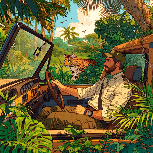 An adult on a jungle safari in his car, with a leopard lurking behind him in the bushes — Midjourney Niji 7