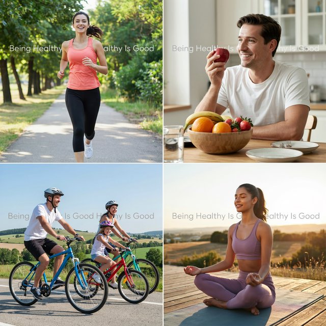 An image relating to good health and happiness. The words “Being Healthy Is Good” appear in the background at least a couple of times. 4–7 moments. — Ideogram v4.5