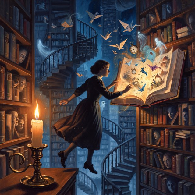 In an infinite library where floating staircases defy gravity, a young woman carries a candle through endless shelves. Her shadow has quietly detached itself from her feet and now wanders independently among the towering bookcases, secretly opening glowing books filled with forgotten memories. Each open page reveals miniature worlds: flying origami birds, drifting clocks, and tiny ghostly figures. The woman's candlelight creates impossible reflections, revealing dozens of alternative shadows with distinct personalities. Dreamlike surrealism, warm golden candlelight set against deep blue darkness, intricate details, magical realism, painterly. — ImagineArt 2