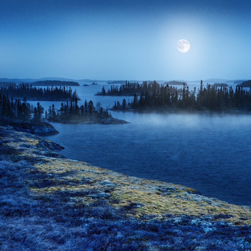 An expansive boreal lake beneath a clear, cold midnight sky, pale moonlight catching thin mist above dark water; spruce-covered islands recede toward distant ridges, while lichen and cracked granite sharpen the near shoreline. — Krea 2 Large