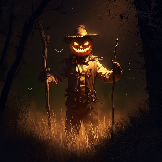Chiaroscuro contrast, inner-lit glows, dense central detail fading into haze and velvety darkness. A pumpkin-headed scarecrow with a jack-o-lantern face, glowing eyes, stitched grin, bow tie, bark torso, and wooden staff stands in a night forest clearing with dry grass, cobwebs, bats, bare branches, — Model 13