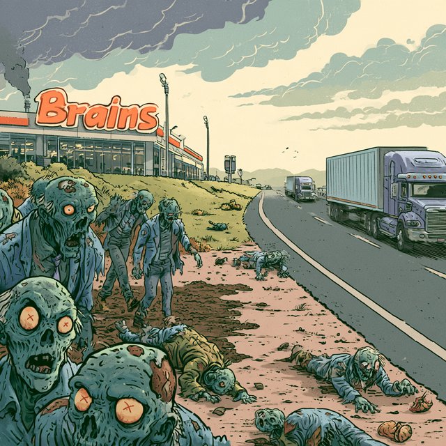 Several weird-looking zombies, some cross-eyed and some wide-eyed, are heading towards a superstore far ahead named "Brains". The superstore is located beside a highway with some trucks driving along it. The zombies are on a rural road connecting to the highway. There are patches of mud in one place on the rural road. The zombies are slipping on the mud and falling—some on their faces, some on their backs, and some on top of other zombies. A couple of fallen zombies are crawling up to the highway, where speeding trucks are passing by. Make it dramatic but funny. — Model 13
