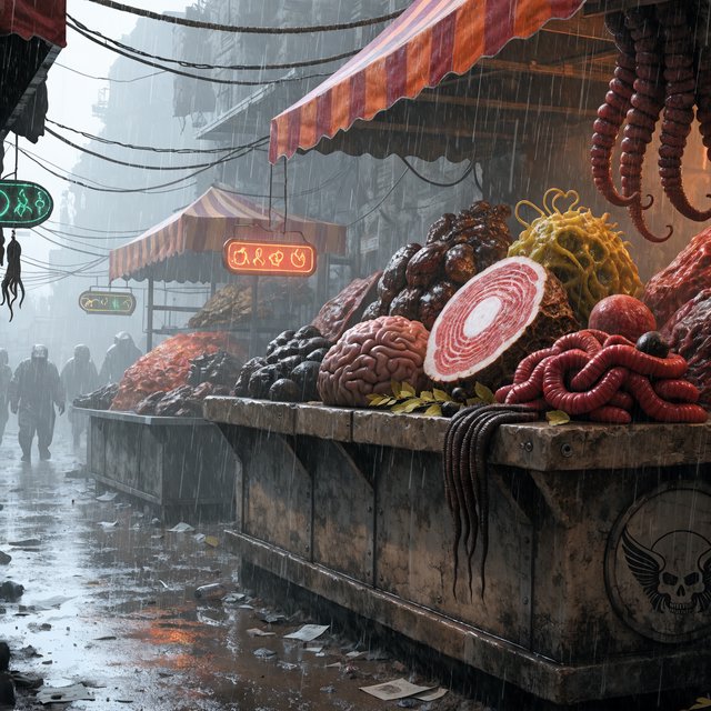 Exotic alien meat market with every possible meat imaginable on sale! — Recraft v4 Pro