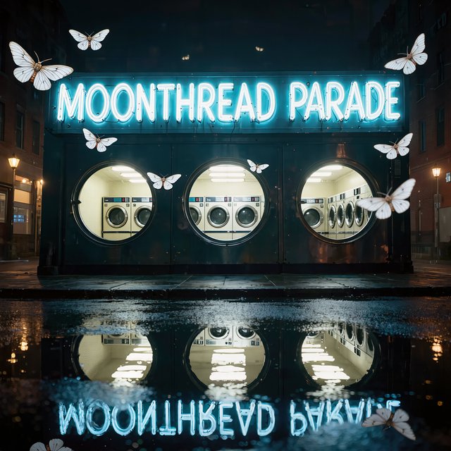 At midnight, moths circle the laundromat’s glowing round windows while chrome washing machines gleam inside; “MOONTHREAD PARADE” shines in icy blue neon above the entrance, reflected across the wet pavement, with no other lettering visible. — Kling v3