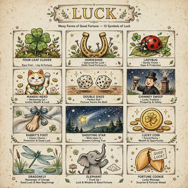 Many panels. Each panel represents an item, thing, creature, or scene that represents Luck. The word "Luck" appears at least once in the image. Be as creative as possible. — Muse Image 1.0