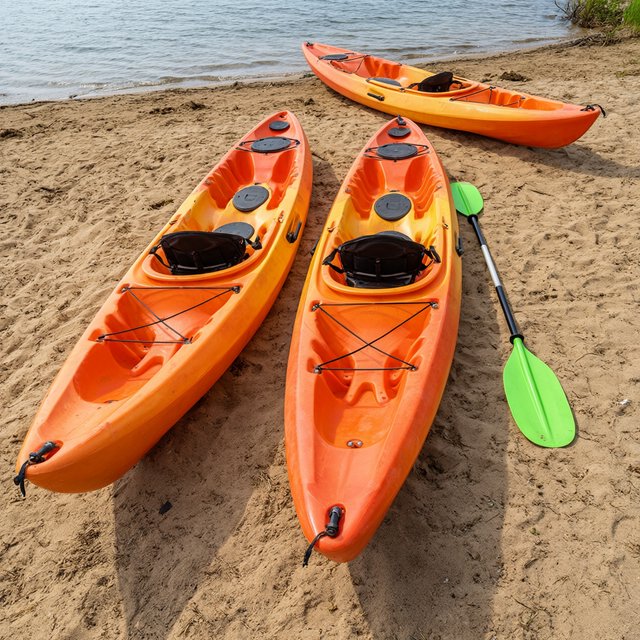 Exactly three orange kayaks rest on a sandy shore: two side by side in the foreground and one behind them near the water. A green paddle lies to the right of the kayaks, nothing else. — Qwen Image 3.0 Pro