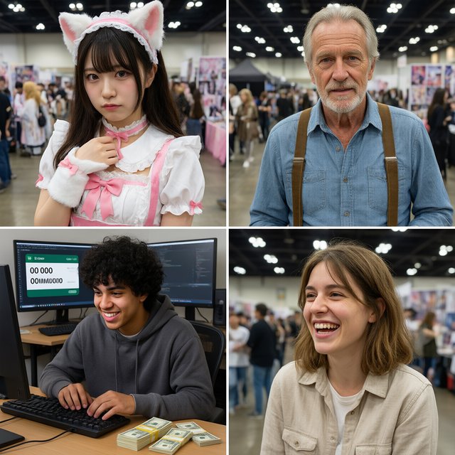 Realistic. Four scenes in one. 1) A pretty Japanese woman, about 19–23 years old, in cat-type cosplay at an anime convention. 2) An old German man or woman, about 60–65 years old, finally having a breakthrough that would change the world. 3) A happy, mixed-race, 21-year-old female or male hacker checking their bank account, which has many zeros, with a bundle of cash near their PC. 4) A happy moment that would make you smile. — Qwen Image 3.0