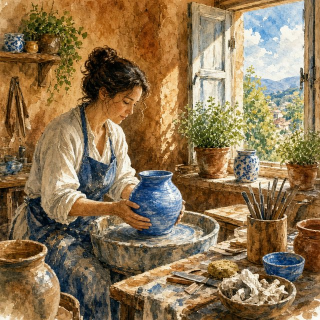 Watercolour illustration of an adult ceramicist shaping a luminous blue vessel beside an open workshop window, surrounded by clay tools, potted herbs, and sunlit terracotta walls. Palette of cobalt, ochre, sage, and cream, with soft flowing brushwork. — Grok Imagine Image 2