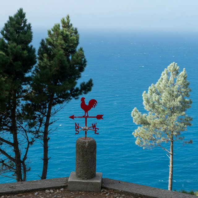 At a coastal overlook, a small red weather vane stands on a stone post. Exactly two dark-green pine trees line the left edge and one pale-green pine tree stands at the right edge; a blue sea fills the background, nothing else. — Model 6