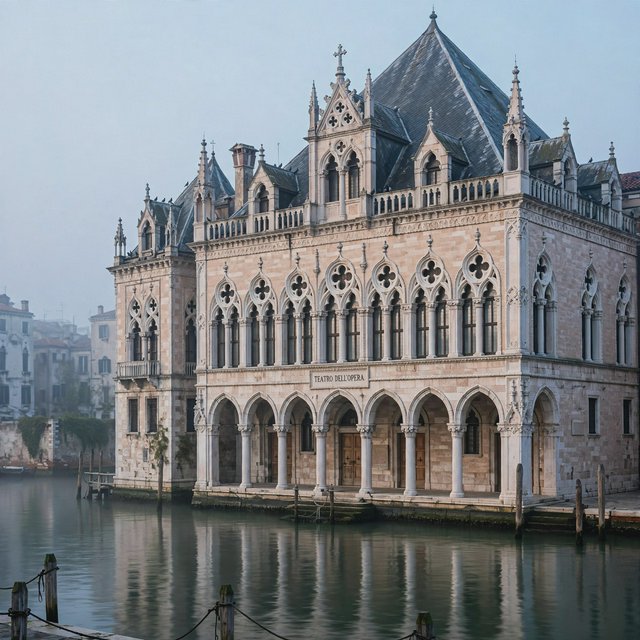 Exterior of a Venetian Gothic opera house beside a quiet canal, pale Istrian limestone, pointed arches, quatrefoil tracery, and a steep slate roof; cool morning light, viewed from across the water, crisp masonry lines and believable structure. — Muse Image 1.0