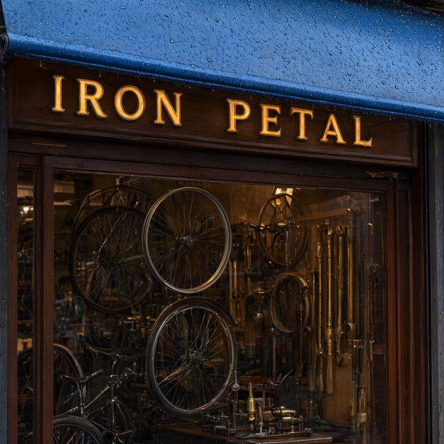 Rain beads on a bicycle repair shop’s blue awning, with wheels and brass tools visible behind the glass; “IRON PETAL” is lettered in warm yellow enamel capitals across the wooden fascia. — Qwen Image 3.0 Pro