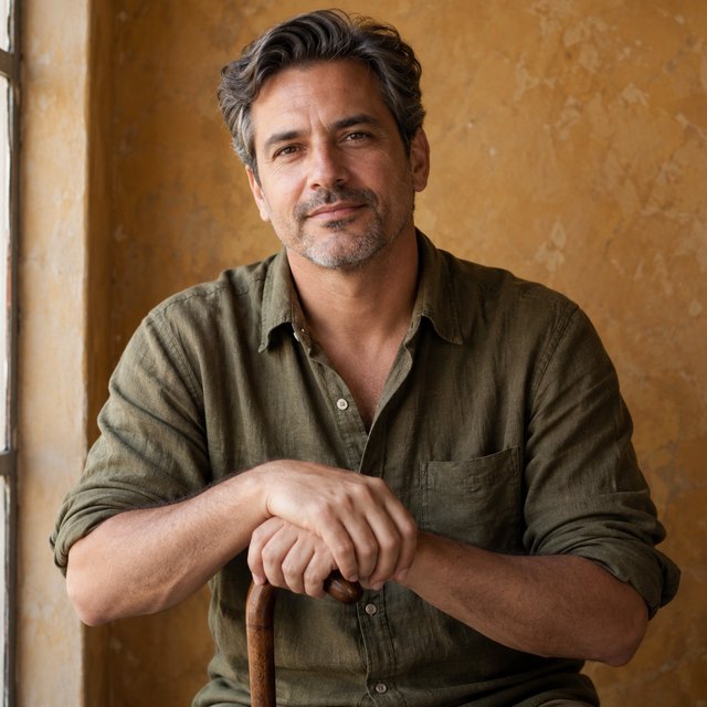 Portrait photograph of an adult man in his 40s with silver-streaked hair, wearing a textured olive linen shirt and rolled sleeves, hands resting on a wooden cane, relaxed expression, ochre plaster backdrop, soft window light from the side. — GPT Image 2.5 Sunburst