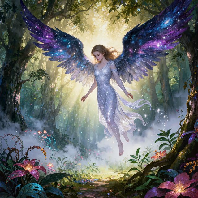 A lone angel with feathered wings, composed of swirling cosmic dust and nebulae, descends into a quiet, enchanted forest. Sunlight filters through the ancient canopy, illuminating wisps of mist and the vibrant, otherworldly plants below. The style is a fusion of hyper-detailed fantasy illustration and soft watercolor techniques, with the polished finish of concept art. — Kling v3