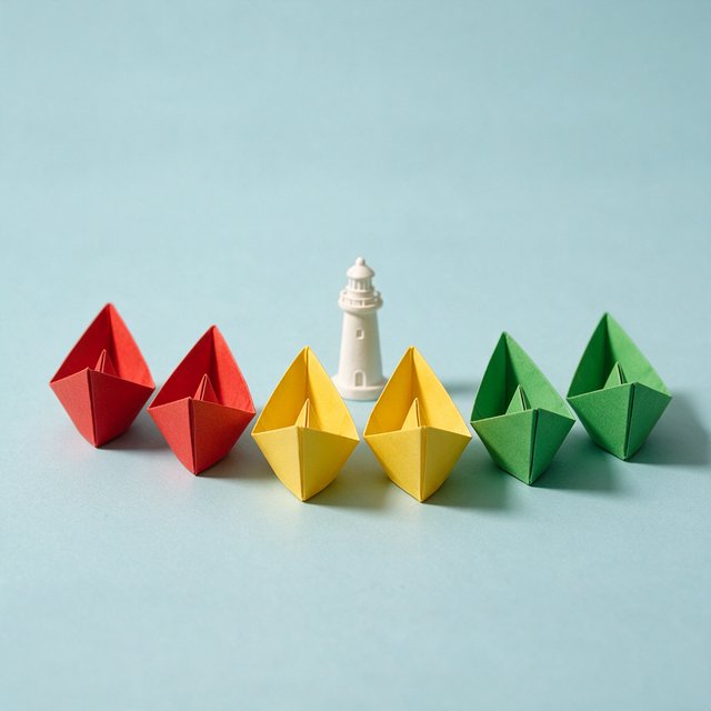 Exactly six folded paper boats sit on a pale blue tabletop: two red boats on the left, two yellow boats in the center, and two green boats on the right. A small white lighthouse figurine stands behind the center pair, nothing else. — Seedream 5.0 Pro