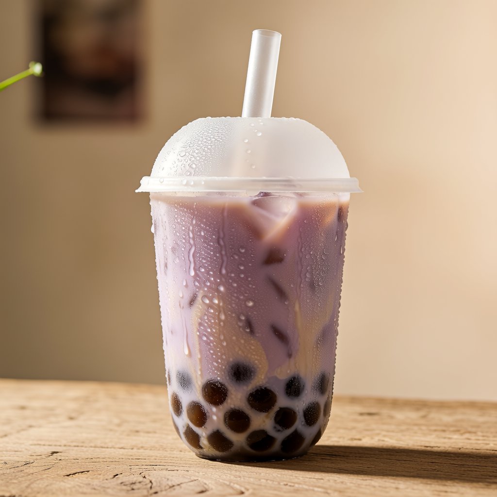 Photorealistic product shot of iced taro bubble tea in a clear frosted plastic cup, condensation beading down curved sides, wide clear straw piercing matte white domed lid. Plump dark brown tapioca pearls settled at the base, swirled creamy purple tea with soft marbled cream streaks, fine ice crystals glinting inside. Resting on weathered light oak table, soft golden hour side lighting casting gentle long shadows, warm neutral beige background. Shallow depth of field, sharp focus on glass texture and pearl details, professional food photography aesthetic, soft moody warm colour palette with rich lavender and caramel tones. — Krea 2 Medium