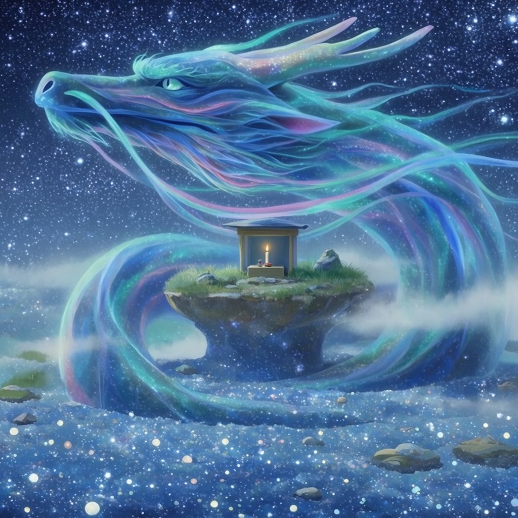 Whispers of mythic power coalesce into a spectral dragon, its form translucent and shimmering with auroral light, coiled around a floating island within a boundless celestial sea. Star-filled oceans stretch to the horizon, dotted with shimmering celestial bodies. The art style blends ethereal fantasy illustration with a subtle nod to ancient mythology, focusing on flowing lines and soft, glowing colors. The atmosphere is one of profound mystery and ancient magic. — Krea 2 Large
