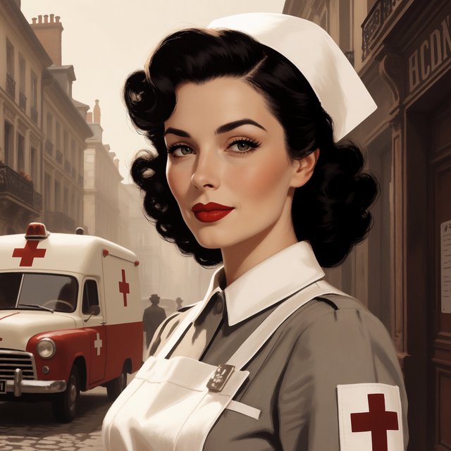 A digital illustration depicts an attractive vintage-style nurse with fair skin and dark, curly hair styled in waves reminiscent of past decades. She wears red lipstick, a white nurse's cap, a uniform, and a cross emblem on her sleeve. A classic European street scene featuring an ambulance and old buildings forms the background. — Krea 2 Medium