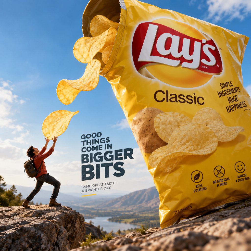 A creative promotional poster for potato chips featuring a forced perspective effect. — GPT Image 2.5 Sunburst