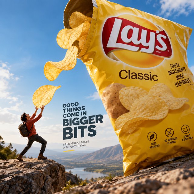 A creative promotional poster for potato chips featuring a forced perspective effect. — GPT Image 2.5 Sunburst