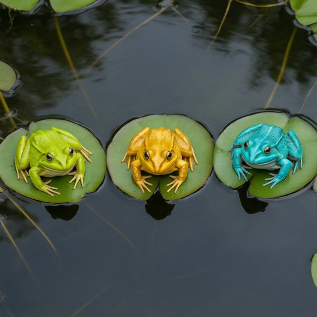 A still pond holds exactly three frogs on separate lily pads: a lime-green frog at the left, a golden-yellow frog in the center, and a turquoise frog at the right. All face forward; nothing else. — Model 17