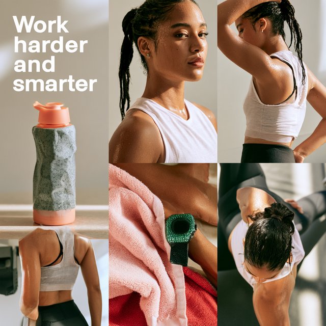 A pretty adult mixed-race woman of Korean and Black heritage, wearing fitted gym wear. Scene: a heavy workout with sweat. POV: full front, back, side, and aerial views. Near her are a unique-looking water bottle, a diamond green watch, a pink and red towel, and text in the background that says “Work harder and smarter”. — Model 12