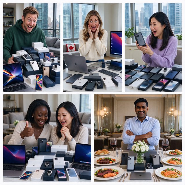 Realistic. Adults in the U.S., Canada, and Asia getting a ton of expensive free stuff (phones, PCs, nice food, and all kinds of other things). 4–6 panels. The adults react in the way one would expect as a result. — Seedream 5.0 Flash