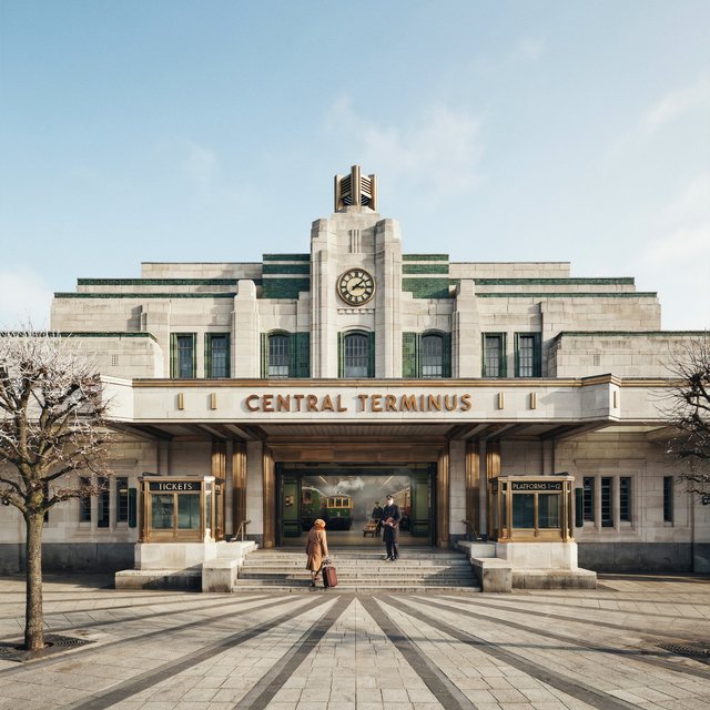 Exterior of an Art Deco railway terminal in pale limestone and dark green glazed brick, with stepped massing, bronze-framed windows, and a broad canopy; clear winter morning light, viewed from the station forecourt, precise lines and credible structure. — Ideogram v4