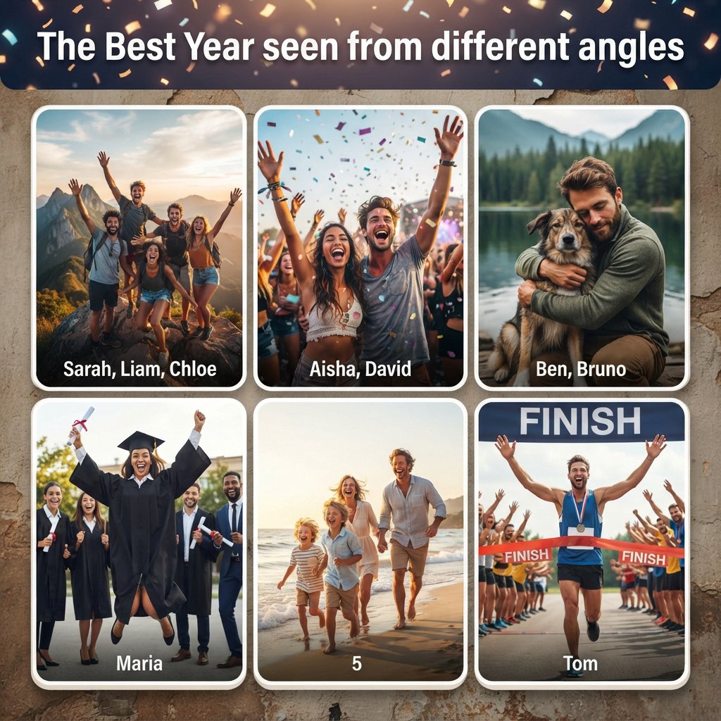 A realistic image where the theme is all about people having the best year ever. 4–6 moments seen from different angles. At the top it says, "The Best Year seen from different angles". — Nano Banana 2 Lite