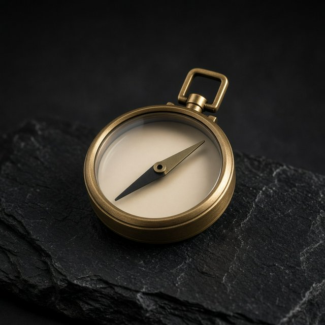 A compact brass pocket compass rests on black slate, its satin-metal casing and clear glass cover catching a broad diffused key and narrow warm rim light against a deep charcoal background; an unbranded commercial product image, blank face without lettering. — Grok Imagine Image 2