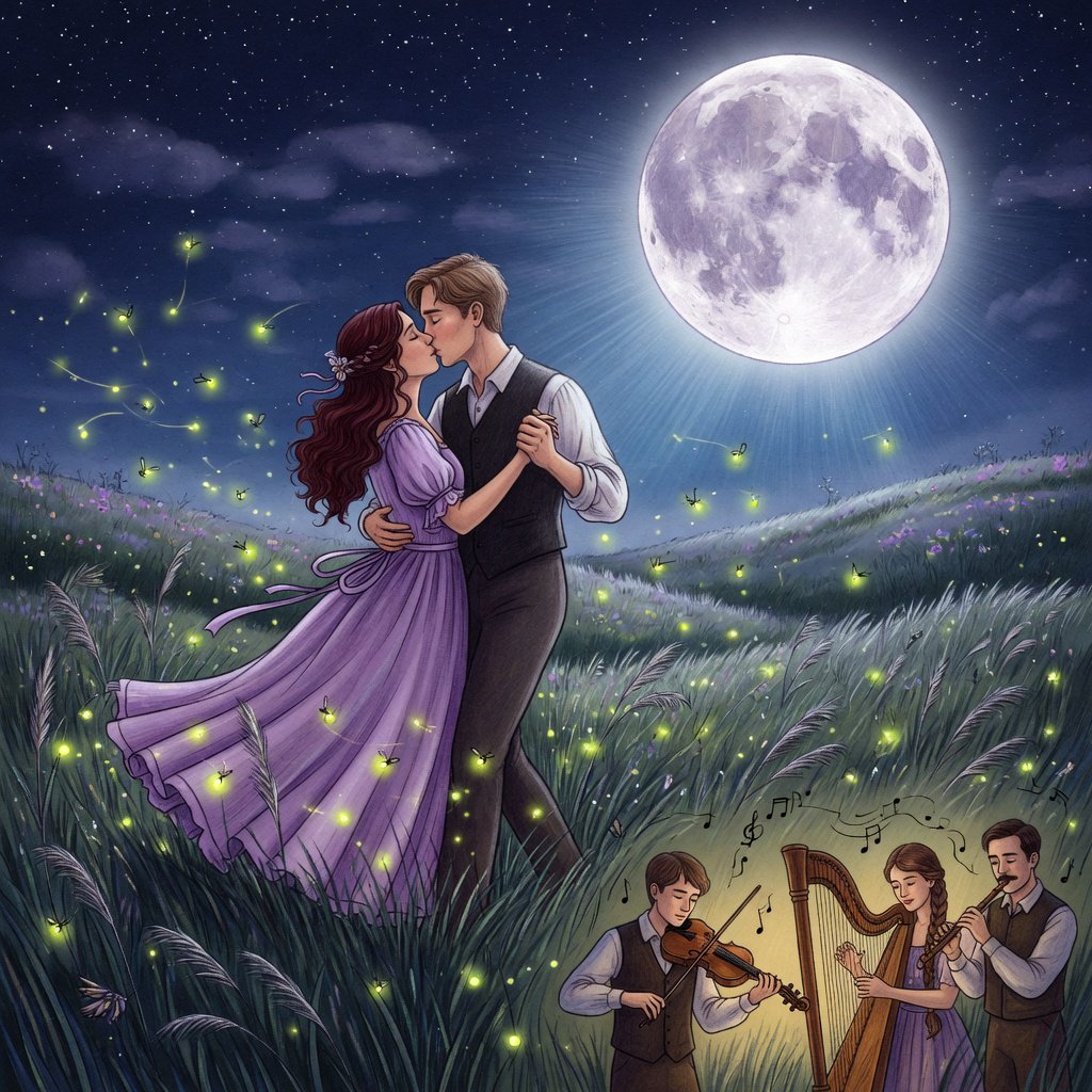 An illustration of a young adult European couple sharing a kiss while dancing in a moonlit meadow, with tall grass, fireflies, musicians playing music, and a huge silver moon overhead. — Grok Imagine Image Quality