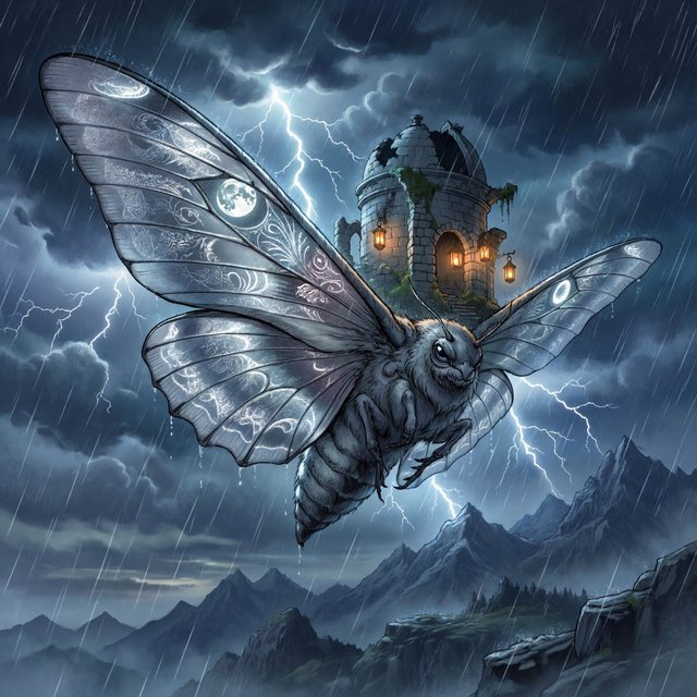 A colossal moon-moth creature glides above a stormy mountain range, its translucent wings glowing with silver veins and carrying a ruined observatory on its back. Lightning silhouettes distant peaks while amber lanterns shimmer through rain and cloud. — ImagineArt 2
