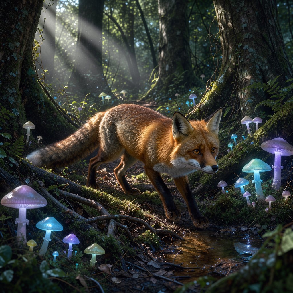 A cunning fox with fur like molten gold cautiously steps through a dense, ancient forest. Shafts of light pierce the canopy, illuminating dust motes dancing in the air. Strange, glowing mushrooms cast an otherworldly light on the moss-covered ground. The style is a blend of dark fantasy illustration and hyperrealism, with a focus on dramatic, cinematic lighting. — FLUX 3 Image