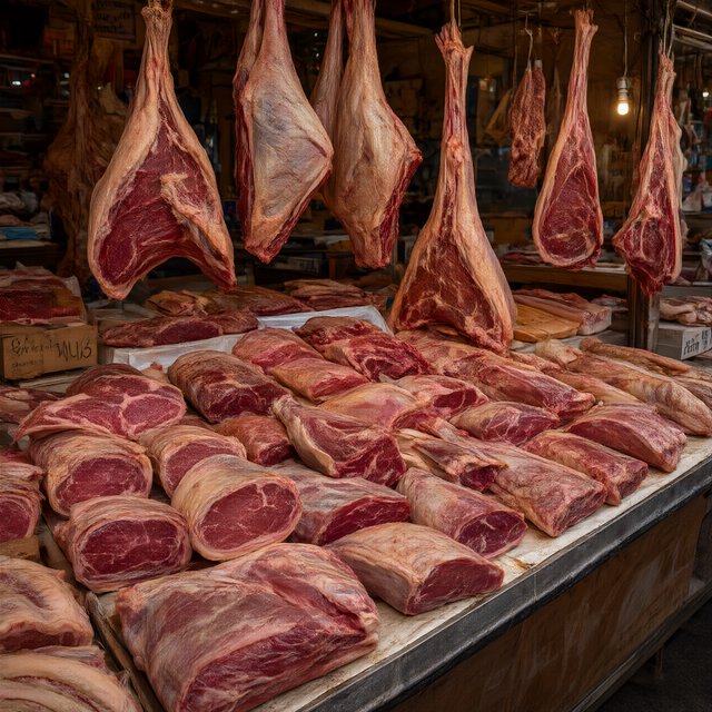 Exotic alien meat market with every possible meat imaginable on sale! — Qwen Image 3.0