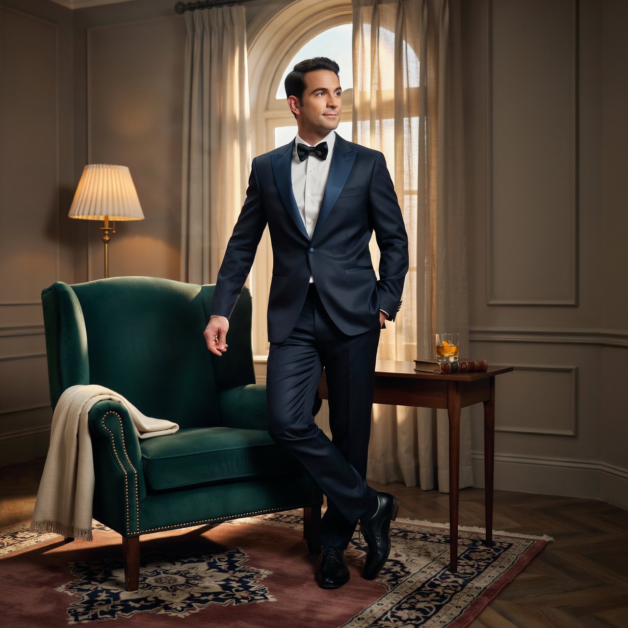 Editorial glamour photograph of an adult man in a midnight-blue tuxedo, standing naturally beside a velvet chair in a quiet hotel lounge, flattering amber window light, relaxed expression, polished magazine composition. — Ideogram v4