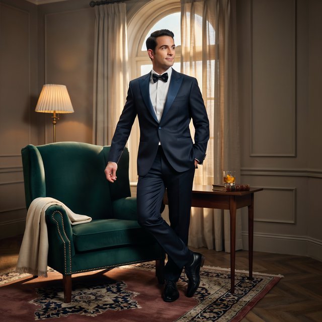 Editorial glamour photograph of an adult man in a midnight-blue tuxedo, standing naturally beside a velvet chair in a quiet hotel lounge, flattering amber window light, relaxed expression, polished magazine composition. — Ideogram v4