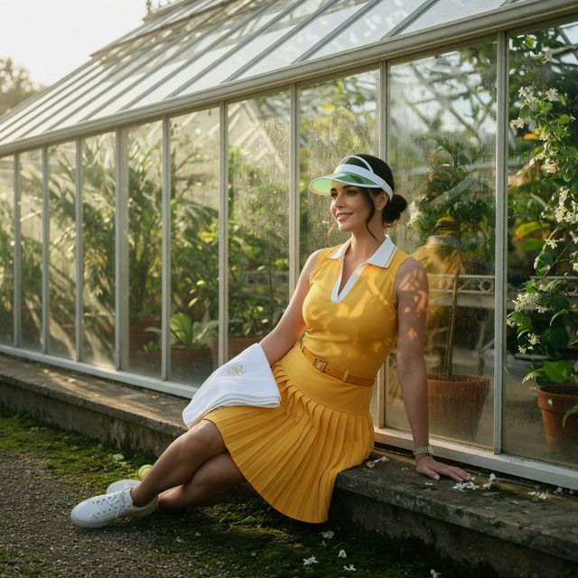 Editorial glamour photograph of an adult woman in a saffron tennis dress and white visor, resting naturally beside a glasshouse garden, flattering morning light, leafy reflections, relaxed smile, refined fashion-magazine composition. — Grok Imagine Image Quality