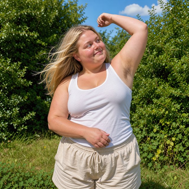 A vibrant medium shot of Cheyenne observing her armpit hair, her long blonde hair bouncing around her face, her blue eyes glimmering, and a soft smile playing on her lips. She is a 23-year-old adult with a very chubby body, a pointy nose, and thin blonde hairs on both forearms. She wears her signature white tank top and baggy shorts, standing against a backdrop of lush greenery and a sunny sky, with sunlight glimmering on her. — FLUX 3 Image