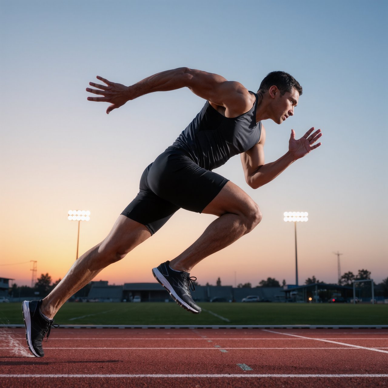 Adult male athlete in running shorts and a tank top mid-sprint on an outdoor track at dawn, muscles defined, motion captured sharply. — Kling v3 Omni