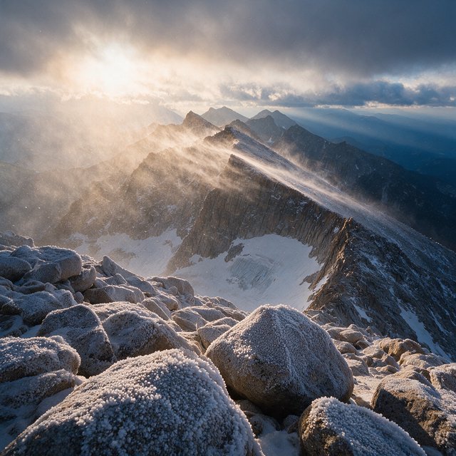 Wind combs a high granite ridge above a glacial cirque at sunrise, beneath clearing snow squalls; granular rime crusts foreground boulders while successive peaks dissolve into blue cloud shadow. — Seedream 5.0 Pro