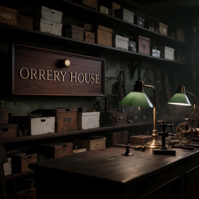 Inside a quiet clockmaker’s workshop, brass gears and tiny tools gleam beneath green-shaded lamps; "ORRERY HOUSE" is engraved in crisp serif letters on a dark walnut sign above the repair counter. — Krea 2 Medium