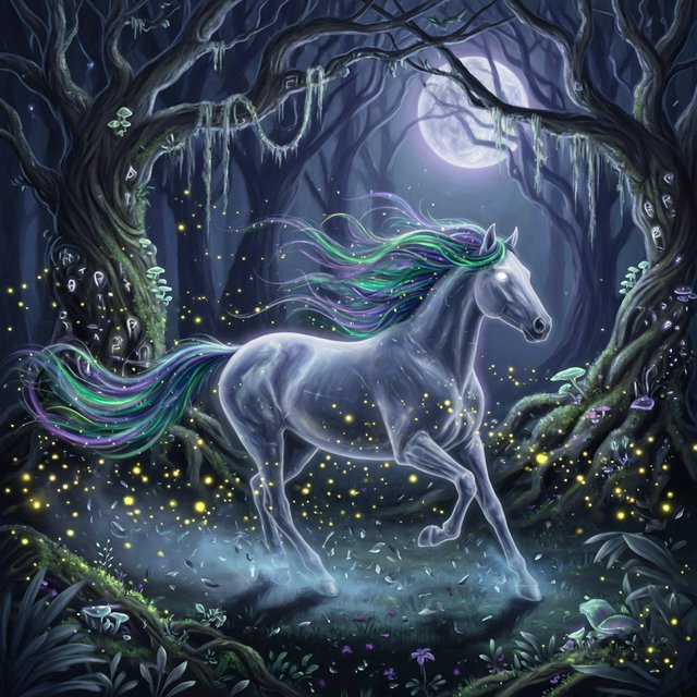 A majestic horse with a spectral mane and tail gallops through an enchanted, moonlit forest. Glimmering fireflies illuminate the path, casting an ethereal glow on ancient trees. The horse appears translucent, as if it's a phantom from another realm. The style is digital art, with surrealism and cinematic lighting to enhance the mysterious atmosphere — Grok Imagine Image Quality