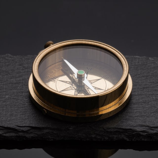 A compact brass pocket compass rests on black slate, its satin-metal casing and clear glass cover catching a broad diffused key and narrow warm rim light against a deep charcoal background; an unbranded commercial product image, blank face without lettering. — Kling v3 Omni
