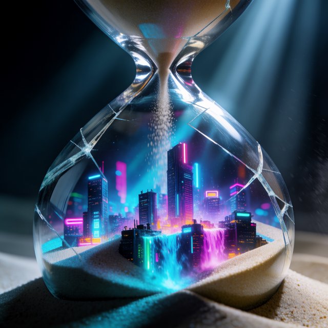 A macro close-up of a miniature glowing cyberpunk city built entirely inside a hollow cracked hourglass, tiny illuminated skyscrapers, flowing neon waterfalls, volumetric light rays piercing through sand, dark moody cinematic lighting, photorealistic depth of field — Krea 2 Medium