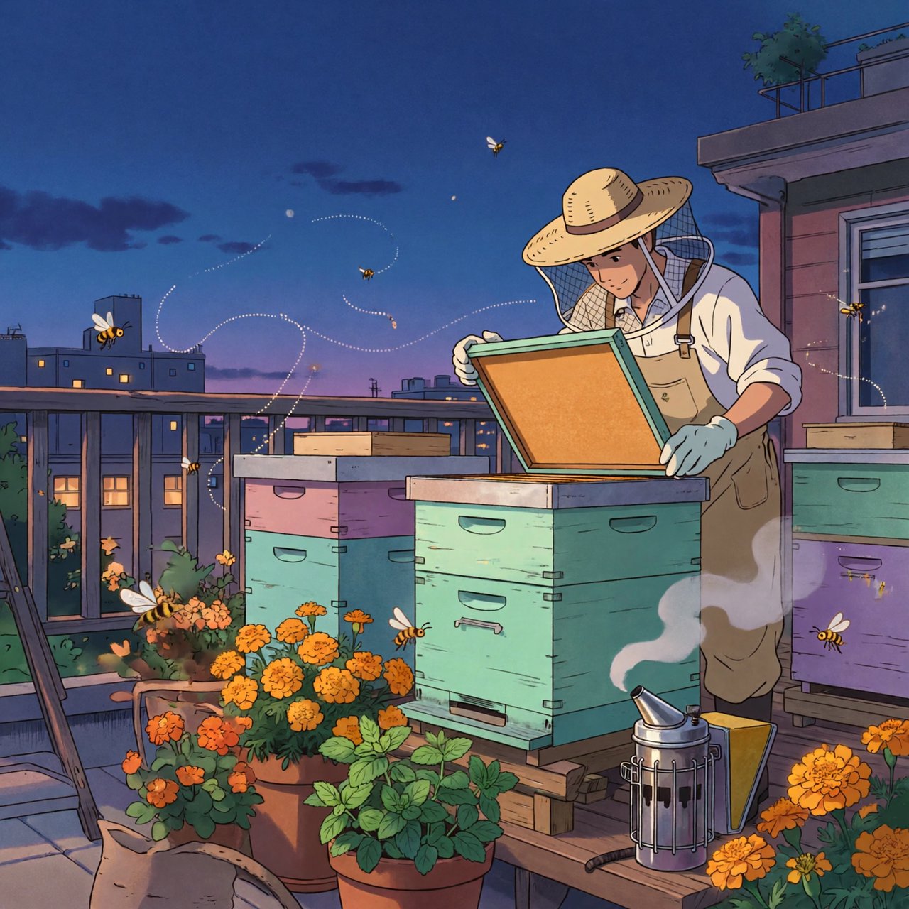 Cel-shaded anime illustration of an adult rooftop beekeeper tending lively hives among marigolds and herbs at dusk, with bees drifting past distant windows. Palette of saffron, violet, mint, and midnight blue, crisp contours and gentle gradients. — ImagineArt 2