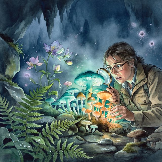 Watercolour illustration of an adult botanist studying luminous fungi in a misty cave, with fern fronds, glistening stone and drifting spores. Palette of jade, lilac, amber, and deep indigo, with translucent washes. — ImagineArt 2