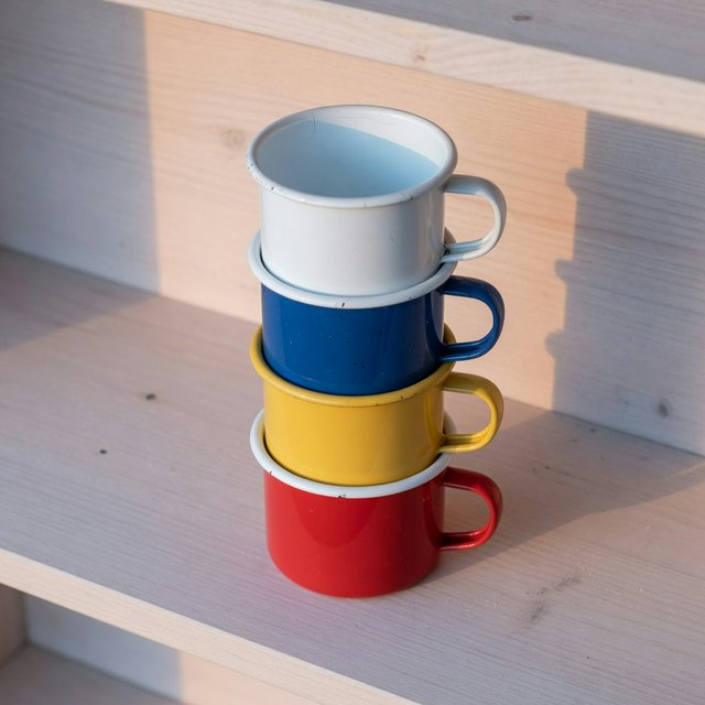 Exactly four enamel camping cups form a vertical tower on a pale wooden shelf, bottom to top: red, yellow, blue, white; all handles face right. Soft morning light, nothing else. — Grok Imagine Image Quality