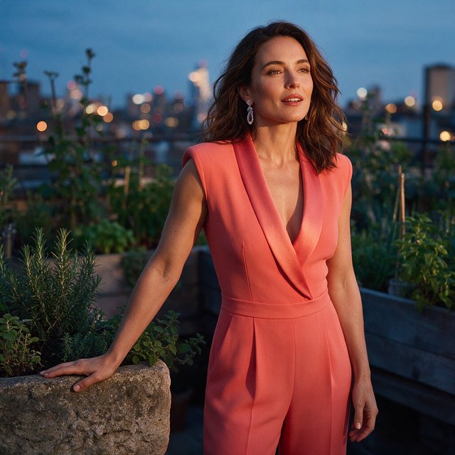 Editorial glamour photograph of an adult woman in a tailored coral evening jumpsuit on a rooftop herb garden at blue hour, resting one hand on a stone planter, flattering sunset glow, relaxed expression, city lights softly blurred behind her. — Seedream 5.0 Pro