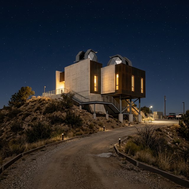 A hilltop observatory in spare contemporary architecture glows against the midnight sky, its pale concrete walls, bronze panels, and narrow windows lit from within; viewed from the access road, crisp edges and credible structural supports. — Nano Banana 2.1