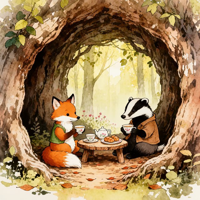 Children's book illustration of a fox and a badger sharing tea in a hollow tree, watercolour and ink, warm and gentle. — Kling v3